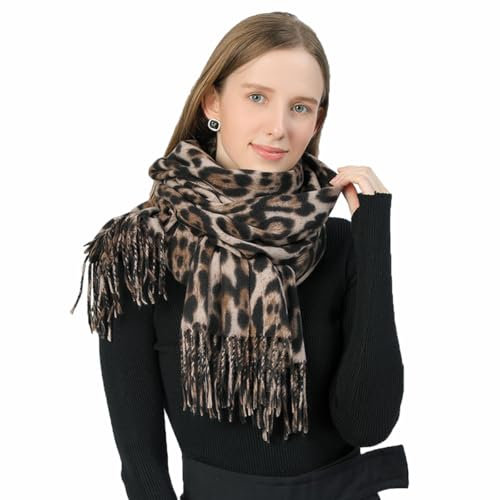 MAKFORT XXL Schal Damen Klassisch Leoparden Schal Herbst Halstuch Damen Winter Warme Super Lange Stola Frauen Mit Quasten 200 * 70CM