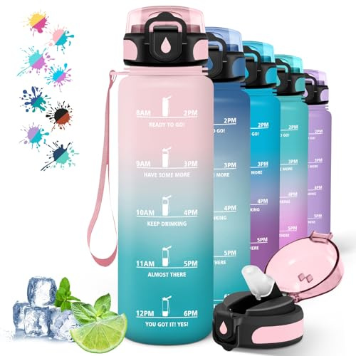 Botella deportiva de agua, 1 l, con marcador de tiempo, pajita y para bebidas carbonatadas, ideal para fitness, camping y senderismo