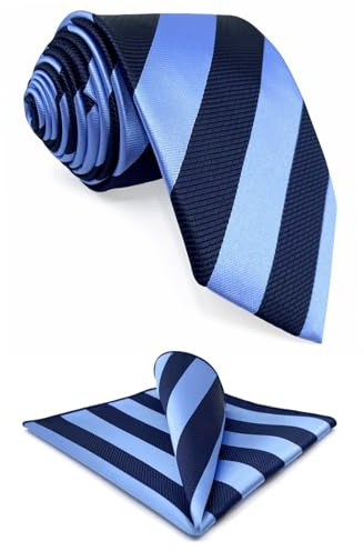 S&W SHLAX&WING Set de Corbata y Pañuelo de Bolsillo Rayado Azul Real Azul Marino para Hombre Extra Larga 160cm Toque de Seda