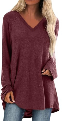 Tee Shirt Femme Long Sport Oversize Col Rond T-Shirts à Manche Longue Eté T-Shirt Basic Casual Ample Pullover Tops Couleur Unie Tee Blouse Mode Chic Lâche Haut Long Tunique Grande Taille Pas Cher