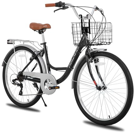 HILAND 26 Zoll Cityräder für Erwachsene, Step-Through Rahmen Damenfahrrad mit Gepäckträger und Korb, Herren und Damen 7 Gang-Schaltung Hollandfahrrad Citybike, City-Pendlerfahrrad für Männer, Schwarz
