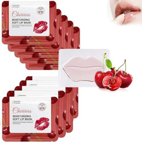Virecose 10pcs Masque à Lèvres au Collagène, CeriseMasque Levres Hydratant Patch Collagène Coussinets hydratants pour les lèvres anti-rides Anti-âge Firms Hydrate les lèvres