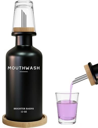 Black Glass Mouthwash Dispenser for Bathroom by Brighter Barns - Mouth Wash Dispensers for Bathroom Sink- Boho Mouthwash Container - Modern Bathroom Decor for Airbnb, Gym, Dental Office, Gift (Black)