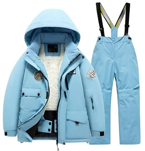 Generisch Traje de esquí para niños con bolsillo de forro polar, chaqueta y pantalón, invierno, snowboard unisex, niño, niña, cálido, nieve, trajes de nieve, azul claro, 6-8 años
