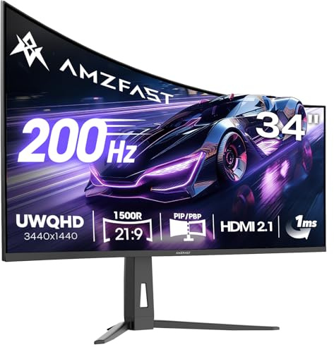 Amzfast 34 Inch UltraWide Curved Monitor 200Hz UWQHD 3440x1440 Gaming Monitor, 1ms G-SYNC Compatible, 1500R, PIP/PBP, 131% sRGB, Tilt/Swivel/Height Adjustable,TÜV Rheinland, HDMI 2.1 x 2 & DP 1.4 x 1