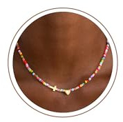 Turandoss Colorful Beaded Necklaces for Women, Dainty Bead Necklaces 14K Gold Plated Heart Cross Choker Necklace Bohemian Trendy Jewellery Gifts for Women Teen Girls