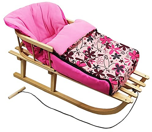 Rawstyle *Kombi-Paket* Holz-Schlitten mit Rückenlehne & Zugseil + universaler Winterfußsack (108cm) Fleece, auch geeignet für Babyschale, Kinderwagen, Buggy (Pink + Pinke Blumen)
