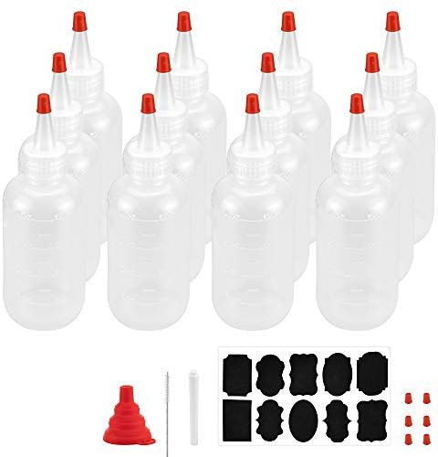 TANCUDER 12 Stück Quetschflasche Liquid Flasche 120 ml Squeeze Flasche Plastik Quetschflasche mit roten Spitzen Kappen, 1 Falttrichter, 1 Bürste, 1 Aufkleber und 1 flüssige Kreide für Handwerk