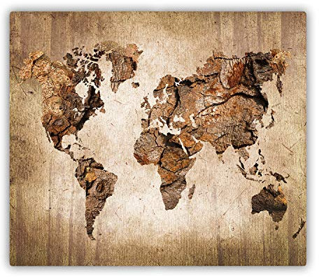 Tagliere in Vetro Protezione 60x52 cm con Stampe da Cucina Durevole e Igienico Rettangolare Resistente al Calore con Piedini Antiscivolo Antigraffio Facile da Pulire - Mappa del mondo in legno