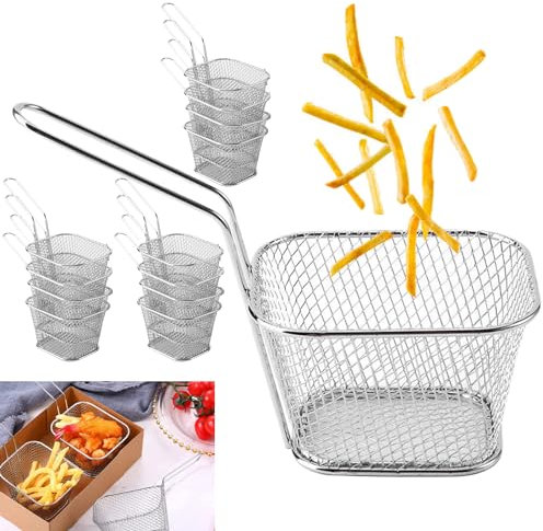 LEKEFETO 12 cestas para freír, cestas para patatas fritas, cuencos de acero inoxidable, cestas para patatas fritas, cesta cuadrada con asa, cesta para freír para servir patatas fritas, aros de cebolla