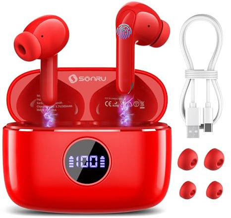 SONRU Wireless Earbuds, Bluetooth 5.3 Wireless Earphones, in Ear Headphones with 4 ENC Noise Cancelling Mic, 40H Playtime Mini Ear Buds with HiFi Stereo Deep Bass, IP7 Waterproof, LED Display, Red