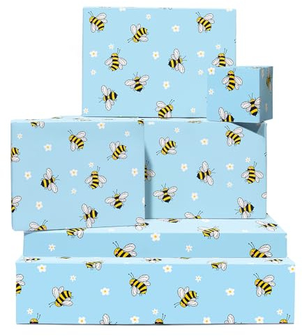 Papel de regalo de abeja - 6 hojas de papel de regalo azul con etiquetas - Abejas y flores - Cumpleaños, baby shower, aniversario - Reciclable - Por Central 23