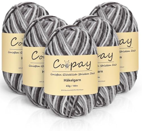 Coopay 5 Gomitoli di Filato per Maglieria Sfumato, 225 g, Filato per Uncinetto Morbido Multicolore, 5 capi di Lana per Uncinetto, Gomitoli Lana per Vestiti per Sciarpe, Calzini - Grigio Bianco