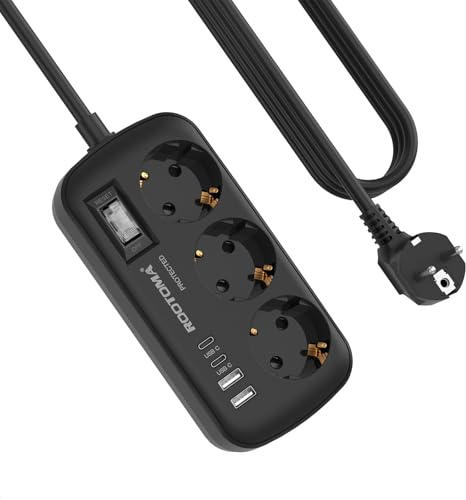 3 Fach Steckdose mit Überspannungsschutz Mehrfachsteckdose 4 USB(2 USB-C), Steckdose mit Schalter und 1,5m Kabel Steckdosenleiste Wandmontage für Heim Büro, Schwarz