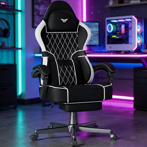 Soontrans Gaming Stuhl mit Massage Lendenwirbelstütze, Gepolstert Gaming Chair, Gaming Stuhl Ergonomisch mit Fußstütze, Kunstleder, 90-160° Rückenlehne verstellbar Gaming Sessel（Schwarz und Weiß）