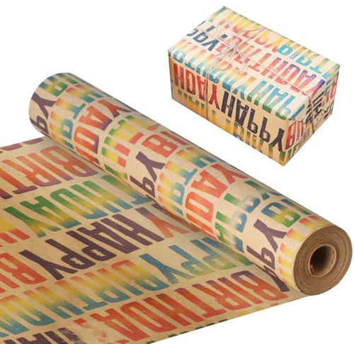 Happy Birthday Wrapping Paper Roll, 25m x 43cm Colorful Kraft Happy Birthday Gift Wrapping Paper Rolls for Birthdays Party Women Men Girls Boys Gift Wraps