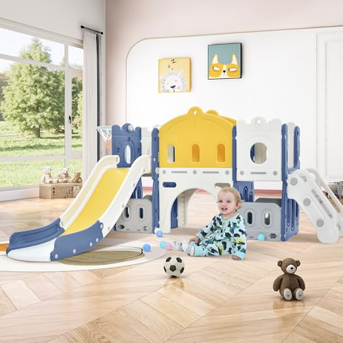 Aveainelle Toboganes Infantiles Exterior/Interior y Centro de Parque para Niños Pequeños, Escorrega Infantil de Jardín con Aro de Baloncesto y Almacenamiento, Juego de Toboganes Escaladores para Bebés