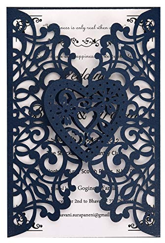 Fomtor - Partecipazioni di matrimonio tagliate al laser, confezione da 50 pezzi, con biglietto stampabile senza scritte e buste assortite, per matrimoni, feste di compleanno, baby shower (blu navy)