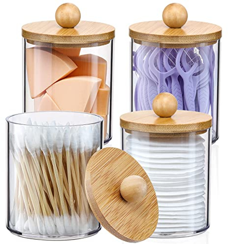 4 Pack Qtip Holder Dispenser with Bamboo Lids - 10 oz Clear Plastic Apothecary Jar Containers for Vanity Makeup Organizer Storage - Bathroom Accessories Set for Cotton Swab, Ball, Pads, Floss