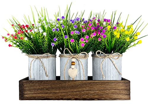 CALAVAK Decorative Centerpiece Wooden Tray with 3 Metal Potted Artificial Babys Breath Gypsophila Plant Flowers Rustic Country Farmhouse Décor for Dining Room, Living Room and Kitchen Table