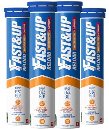Fast&Up Reload – Energising Electrolyte Drink - Orange + Caffeine Flavour - 80 Effervescent Hydration Tablets - Added Vitamin C & B12 - Vegan