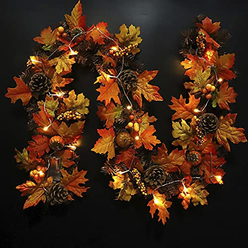 Artificial Maple Leaves Garland, 5.9 Ft/1.8m Artificial Autumn Garland With Pumpkins Pine Cones Hanging Vine Wreath For Halloween Christmas Front Door Fireplace Decor(With Light)