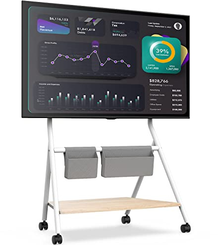 FITUEYES Mobiler TV Ständer Rollbar, TV Stand für 55 60 65 70 75 78 Zoll TV bis 45kg, Höhenverstellbar TV Standfuss mit Metallstruktur & Holzablage, Für Geschäft Büro Schule, Collector Serie