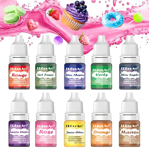 Colorant Alimentaire - ERCorArt 10 Couleurs Hautement ConcentréEs et Colorant Alimentaire à Base D'Huile Pour le Chocolat, le Foudant, le Fun Cake, le GlaçAge etc., 6 ml/PièCe
