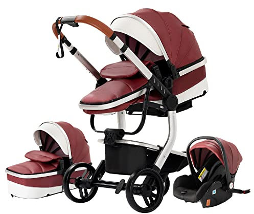 Magic ZC 3 in 1 Kombikinderwagen 3 in 1 Reisesysteme Infant Kinderwagen Hochlandschaft Liegender Buggy Kinderwagen Neugeborenen Kinderwagen Faltbarer Standardkinderwagen (518 Red)
