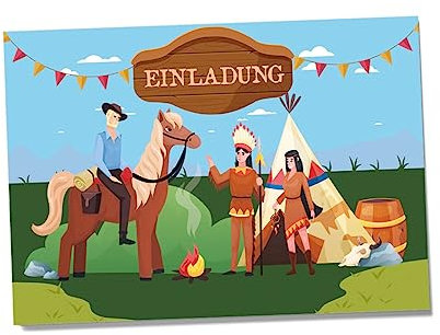 Partycards Einladungskarten Kindergeburtstag Mädchen Junge - 12 Karten - Cowboy Indianer Design - A6 - Leicht zu Beschriften - Geburtstagseinladungen für Mädchen und Jungen - Perfekt für Feiern