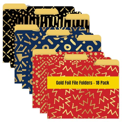 Better Office Products Decorative File Folders with Gold Foil, 18 Pack, 9 Geometric Designs, Red/Black/Blue Color Theme, Heavyweight, Letter Size (9.5 x 11.5) with 1/3 Cut Tab, Fashion Folders