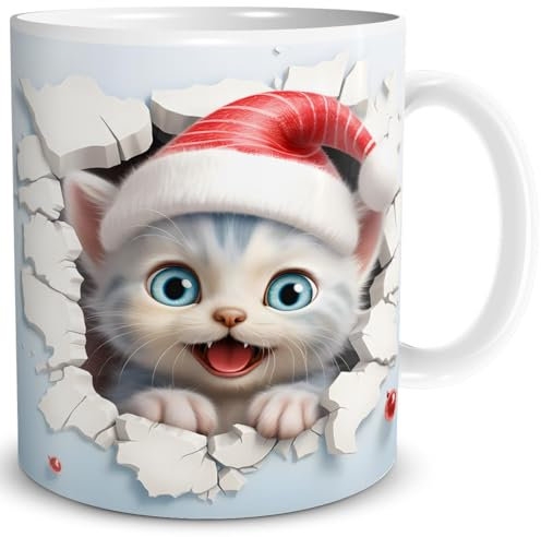 TRIOSK 3d Illusion Tasse Weihnachten mit Katze bricht durch Becher lustiges Weihnachtsmotiv Geschenk für Frauen Männer Katzenliebhaber Kollegen Weihnachtstasse Blau, Keramik 300ml