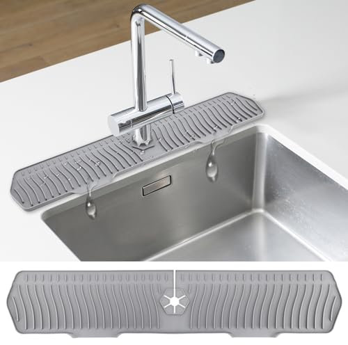 FOSFUKEER Paraspruzzi per Lavello da Cucina, Cuscinetto per Rubinetto Esteso da 75 cm, Cuscinetto di drenaggio in Silicone, Cuscinetto di Asciugatura Multifunzionale (Grigio)