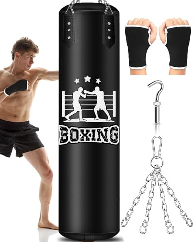 YORWHIN YOO57G0105QJD - Saco de boxeo pesado para adultos, 4 pies, con gancho de techo de cadena, bolsa de boxeo colgante para kickboxing, Muay Thai, karate, judo, taekwondo, entrenamiento de gimnasio