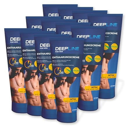 Deepline Men 12x 100ml Intim-Haarentfernungscreme die all in-one Creme mit Aloe Vera und Sheabutter. Vegan für den Intimbereich und Körper mit Spatel. (1200ml)