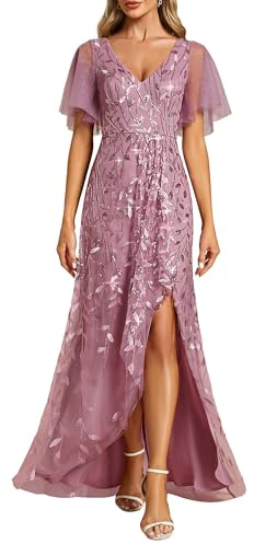 Ever-Pretty Vestido Largo de Invitada Boda Mujer Abertura Cuello en V Doble Asimétrico Lentejuelas Vestido Noche con Cintura Imperio Orquídea 46