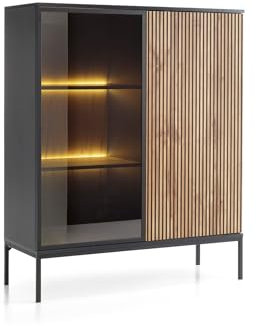 Emporius Haller Vitrinenschrank 100 cm, Glasvitrine Stehend - Highboard, Vitrine, Glasvitrine Schwarz mit LED und Lamellen - 126 cm hoch