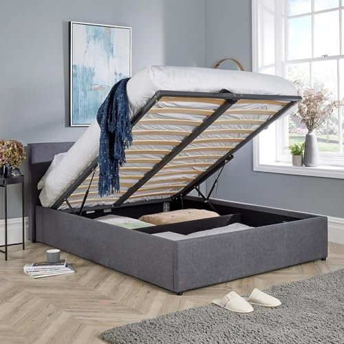 Home Source Double 4ft 6in End Gas Lift Fabric Ottoman Storage Bed, Grey
