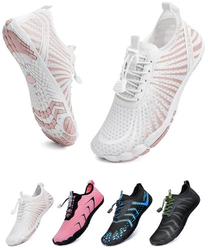 WateLves Unisex Barfußschuhe Damen Herren Wasserschuhe Badeschuhe Schnell Trocknend Weich Traillaufschuhe Fitnessschuhe mit rutschfest Sohle & Breiter Zehenbox(Weiß orange 38)