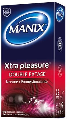 Manix Xtra Pleasure : Boite de 10 Préservatifs pour Homme, Nervurés et Stimulants/Lubrifiés et de Taille Standard/Diamètre 52mm