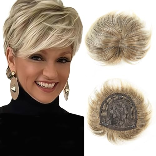 QUEENTAS Hair Topper for Women with Thinning Hair 6.5*6 Fluffy Hair Pieces Breathable Heat Resistant Synthetic Hair Short Wiglets with 5 Clips 360°3D Cover Up (Blonde Mixed Brown)