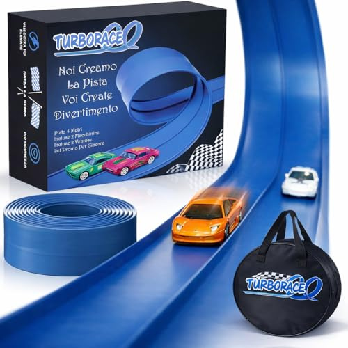 ZORKAM - Turborace Pista Macchinine -Pista di velocità 4 Metri + 4 macchinine turborace - Flexible Blu Track idea regalo Pasqua bambino 3 4 5 6 7 anni
