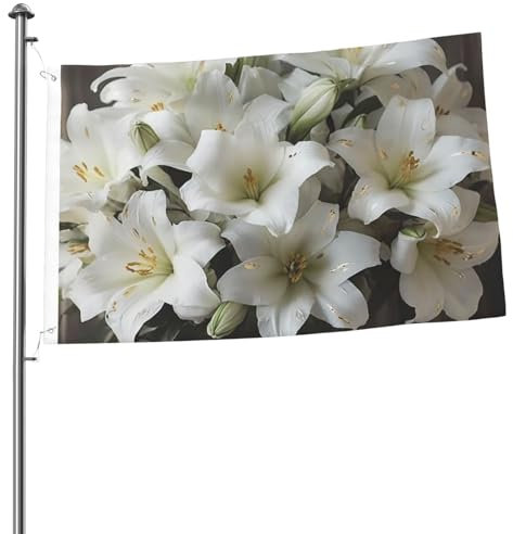 Strapazierfähige Outdoor-Flagge, 90 x 60 cm, doppelseitige Gartenflaggen, lichtbeständig, für draußen, weiße Lilienstrauß, Willkommensflagge, Urlaubsbanner für Party, Haus