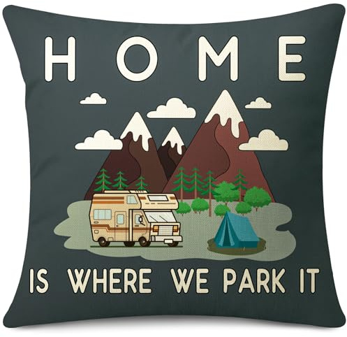 JOTOM Federa per cuscino, 45 x 45 cm, gadget per camper, roulotte, campeggio e casa è dove siamo parcheggiati, accessorio per camper, regalo, decorazione per divano, letto, divano (campeggio nero)
