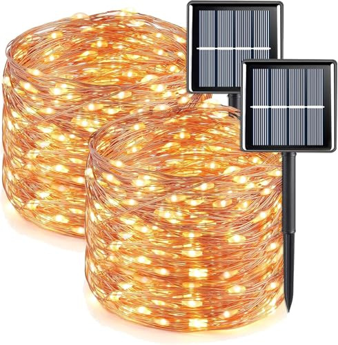 wisdom line Guirlandes Solaires d'Extérieur, 2 Packs de 20 Mètres, 200 LED, 8 Modes d'Éclairage, Étanche, Blanc Chaud