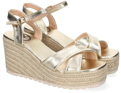 shoes&blues.es 92137 Sandalia de Cuna de Yute para Mujer, Comodas y Elegantes, Diseno Trenzado en la Pala y Cierre de Hebilla, Ideales para Primavera-Verano. Oro Talla 39