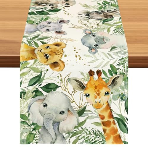 Eleganter Tischläufer Elefant und Giraffe Design - Frühling Sommer Deko, Grün, 33x183 cm