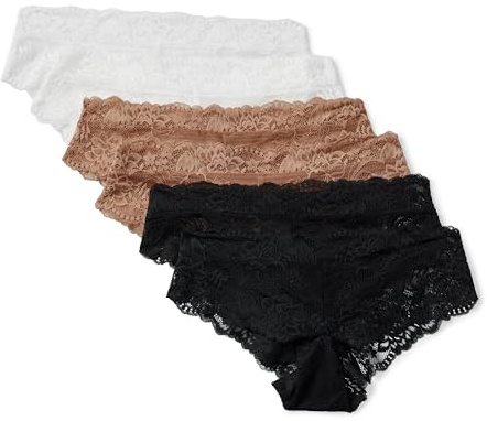 Amazon Essentials Mutandine in Pizzo Galloon Elasticizzato, Modelli Bikini, Hipster, Perizoma a Vita Alta Donna, Confezione da 6, Bianco/Bronzo Lavato/Nero, 40
