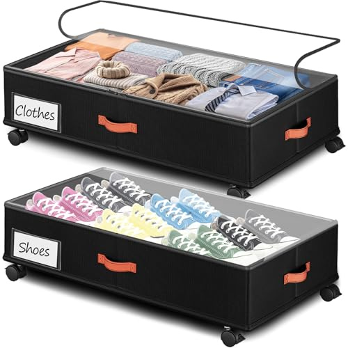 Tsinglax Under Bed Storage with Wheels 2-Pack, Under Bed Storage Containers 66L Clear Lids, Rolling Storage Drawers for Clothes Shoes Blankets, Underbed Organizer Bins(30 L x 16.2 W x 7.5 H)