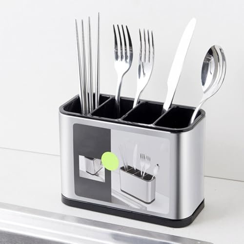 Stainless Steel Kitchen Cutlery Holder 4 Cells Large Capacity Cooking Flatware Utensil Holder for Knives Forks Organize Silver Tableware Storage for Countertop Dinner Table 18x13x8.6cm(Silver)